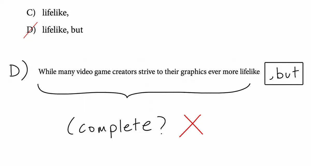 An SAT punctuation answer choice crossed out, with a note explaining why the clause is incomplete