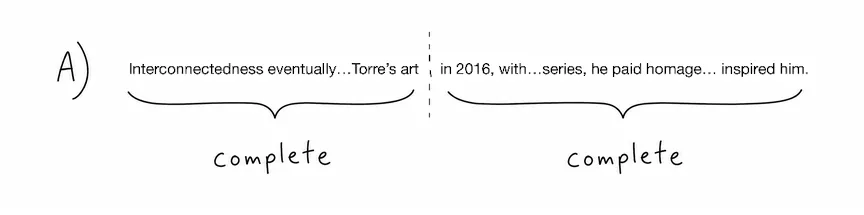 Answer choice A: 'Interconnectedness eventually…Torres's art' and 'in 2016, with…series, he paid homage… inspired him' are each complete, with nothing between them — a run-on.