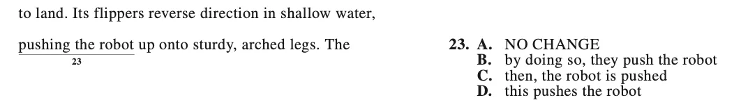 ACT-style question 23 about a robot's flippers reversing direction in shallow water, testing what follows the comma after 'water'.