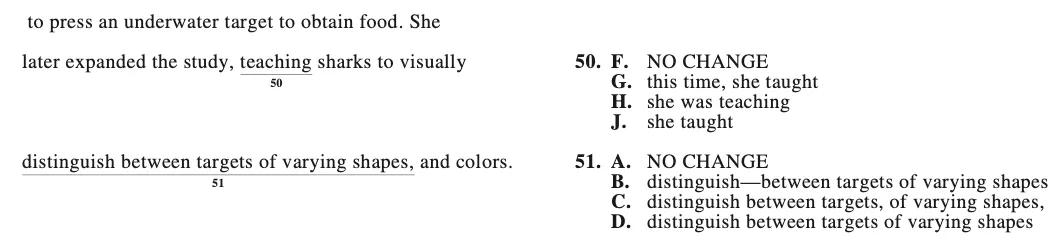 ACT-style question 50 about a researcher who later expanded her study of sharks, testing what follows the comma after 'study'.