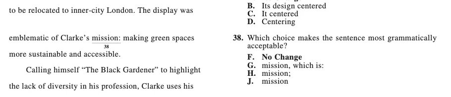 ACT-style question 38 about Clarke's display being emblematic of his mission, testing whether a colon can follow 'mission.'