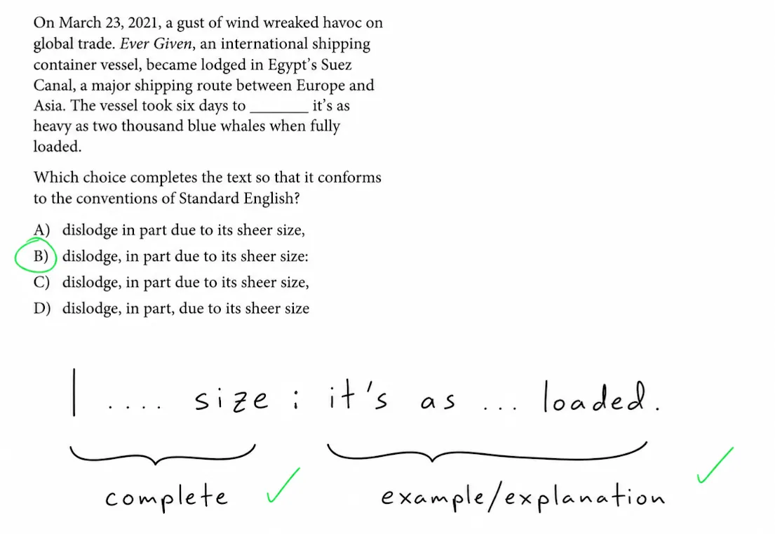 SAT-style question running the same colon test, with answer choice B correct.