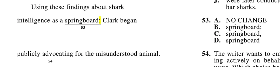 ACT-style question 53 about shark intelligence, with the colon after 'springboard' highlighted.