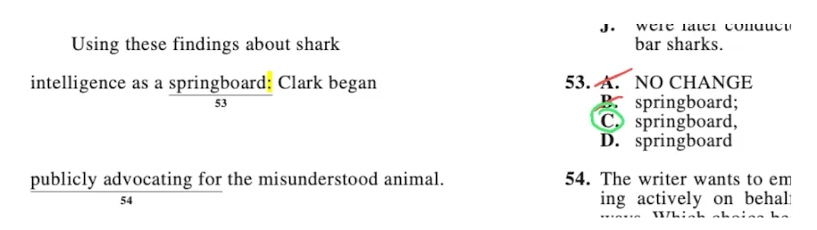 ACT-style question 53 about shark intelligence, with A and B crossed out and answer choice C ('springboard,') circled.