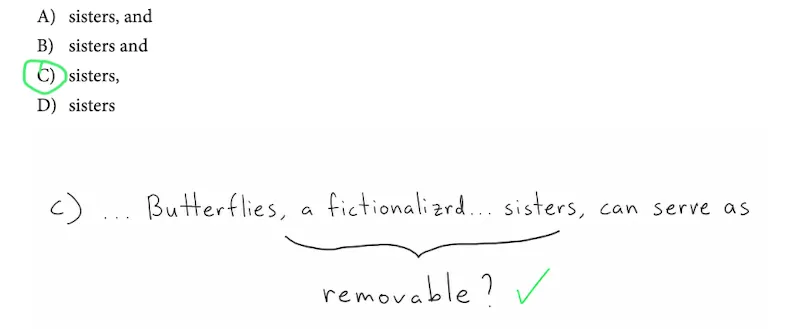 Confirmation that choice C is correct because the sentence still flows once the interjection is removed.