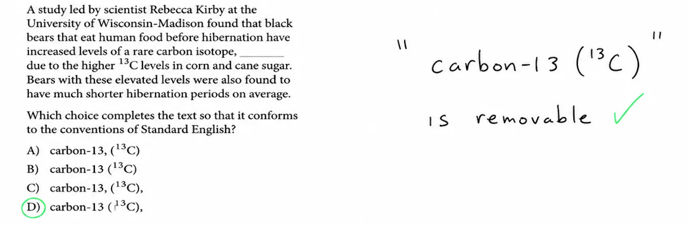SAT-style question about carbon-13 hibernation research, testing an interjection.