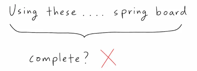 'Using these … springboard' is marked not complete, ruling out the colon and semicolon choices.
