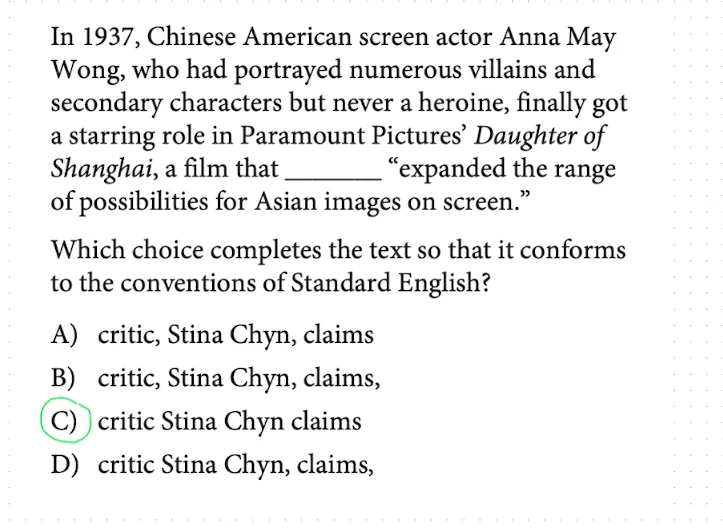 SAT-style question about screen actor Anna May Wong, testing whether commas belong around the title-plus-name construction.