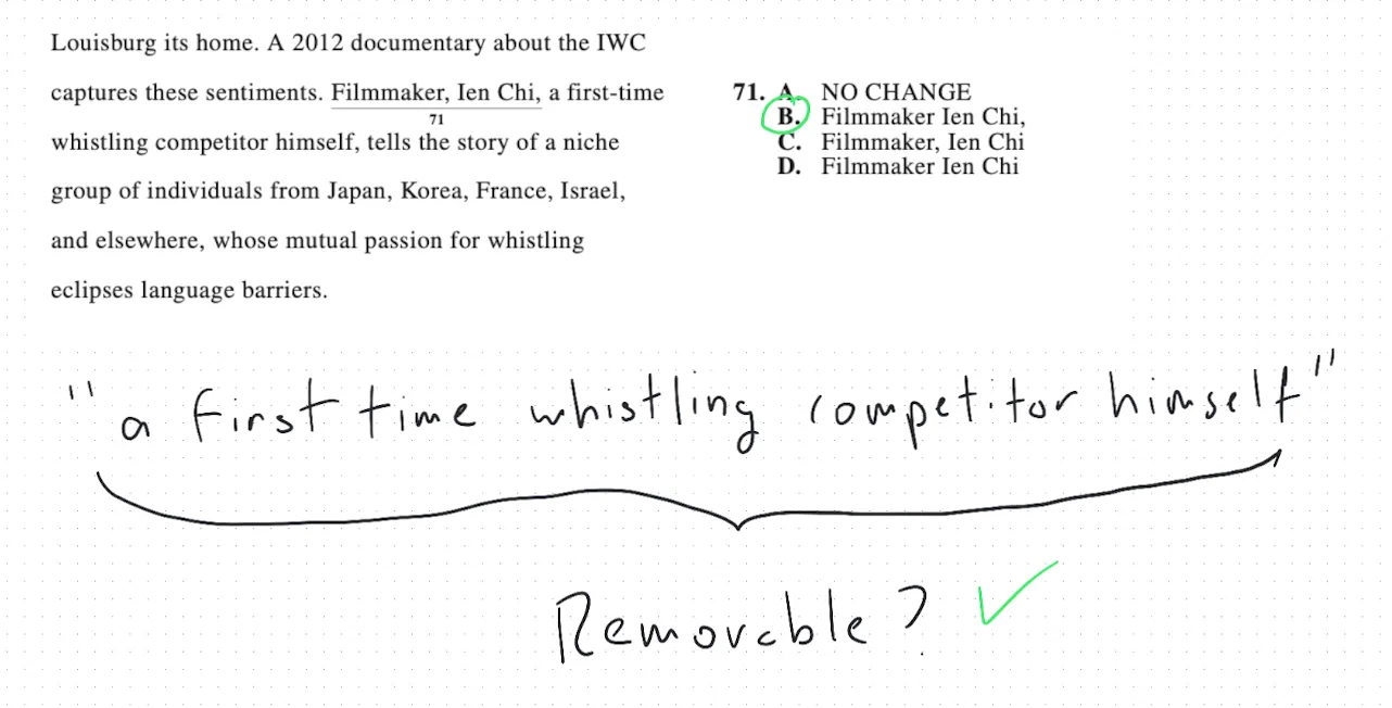 ACT-style question showing an interjection right after the name 'Ien Chi,' requiring a comma after the name but not before it.