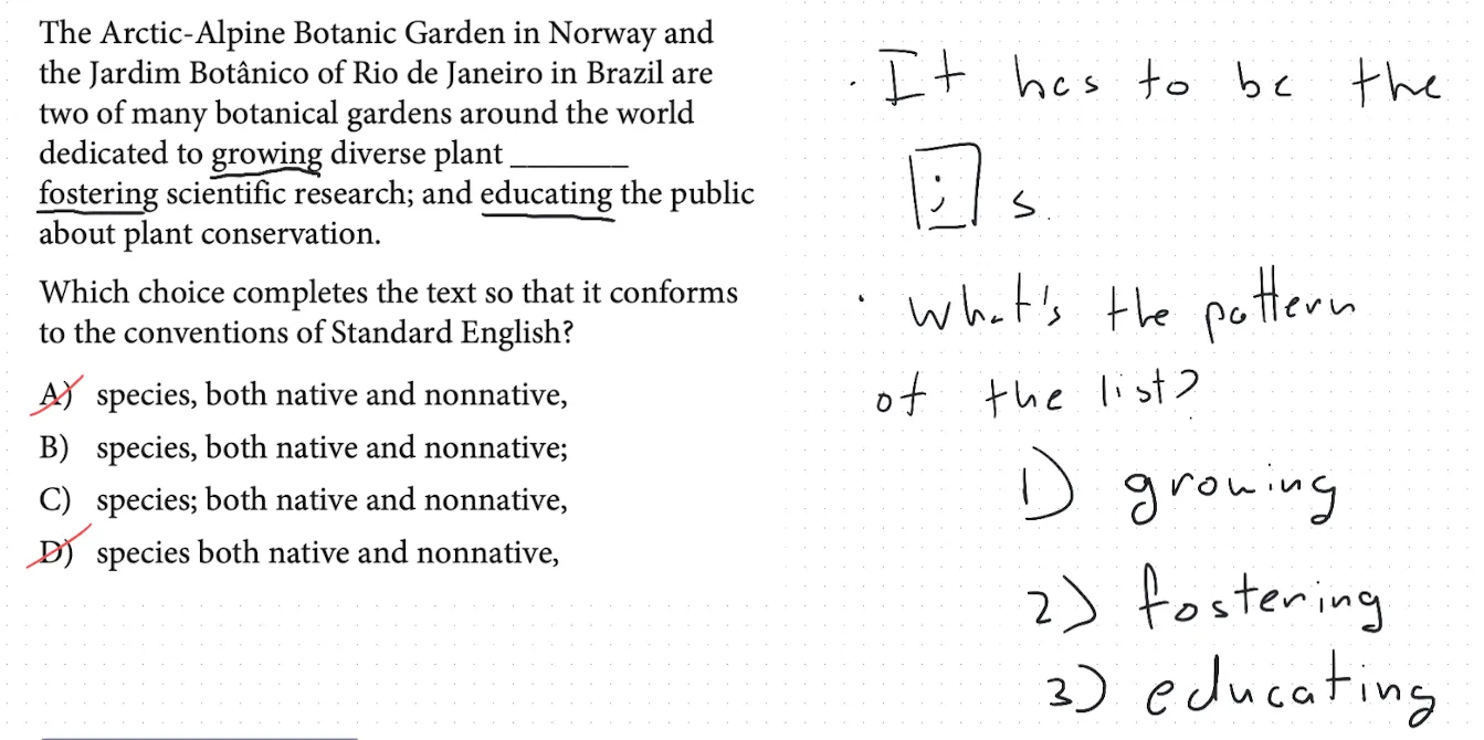 SAT-style question where two answer choices would both produce two semicolons, requiring the existing list pattern to be followed.