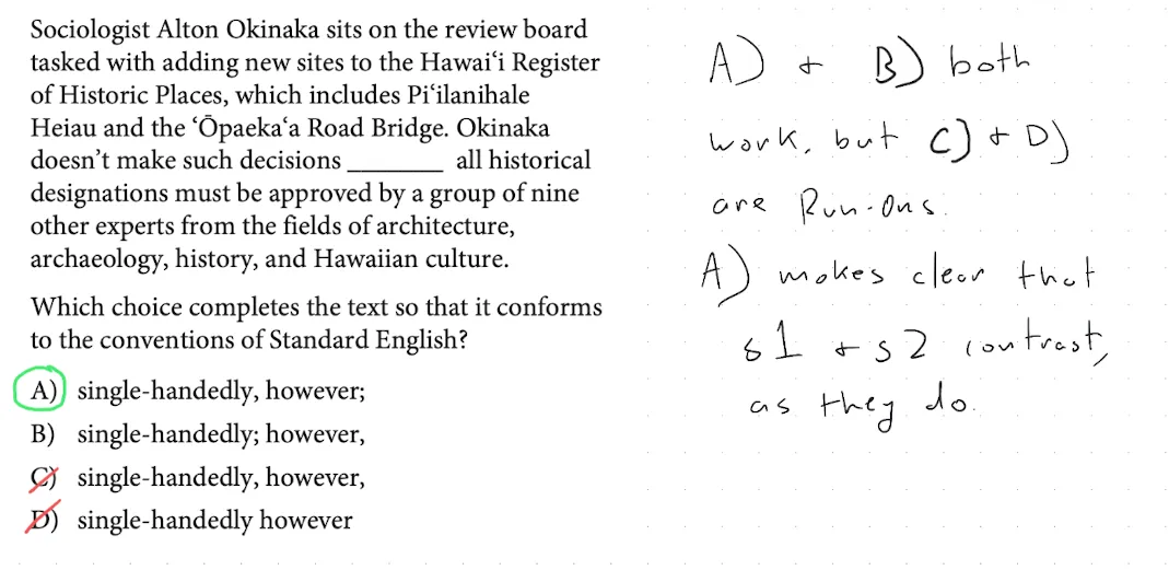 SAT-style question about a sociologist on a historic-sites review board, testing which transition correctly links two complete sentences.