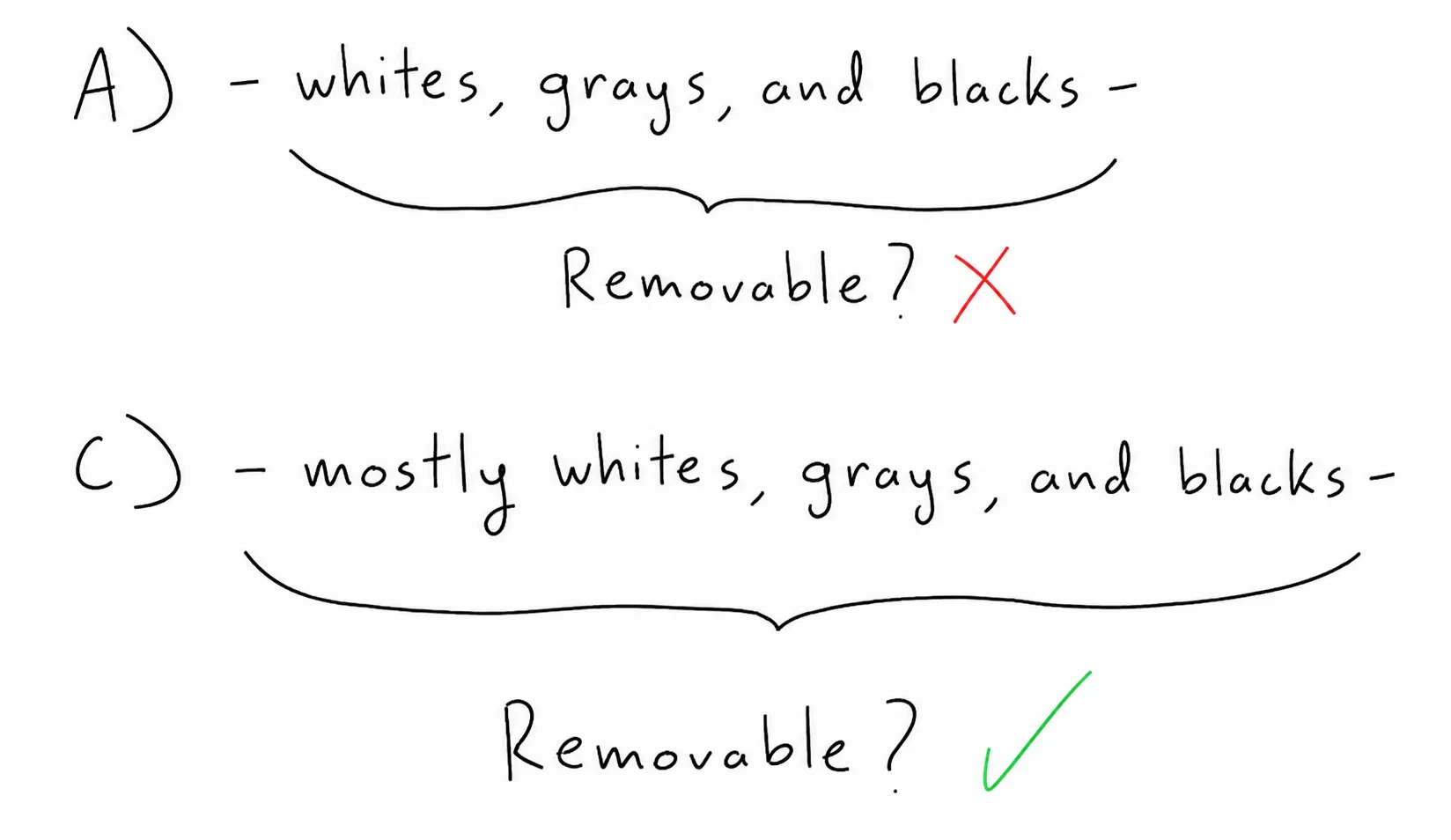 Dash test: 'whites, grays, and blacks' between dashes is not removable, but 'mostly whites, grays, and blacks' between dashes is.