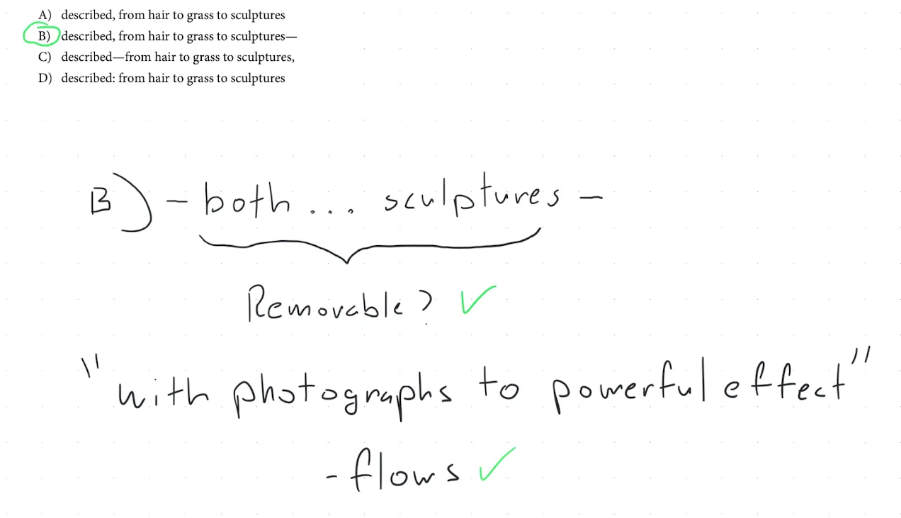 Confirmation that the phrase flows once removed, making the two-dash answer correct.