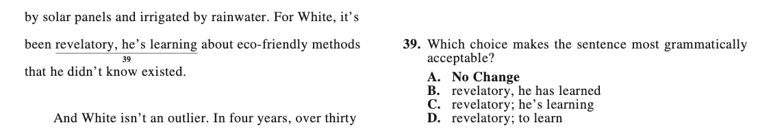 ACT-style question 39 about White finding the work revelatory, testing punctuation between 'revelatory' and 'he's learning.'