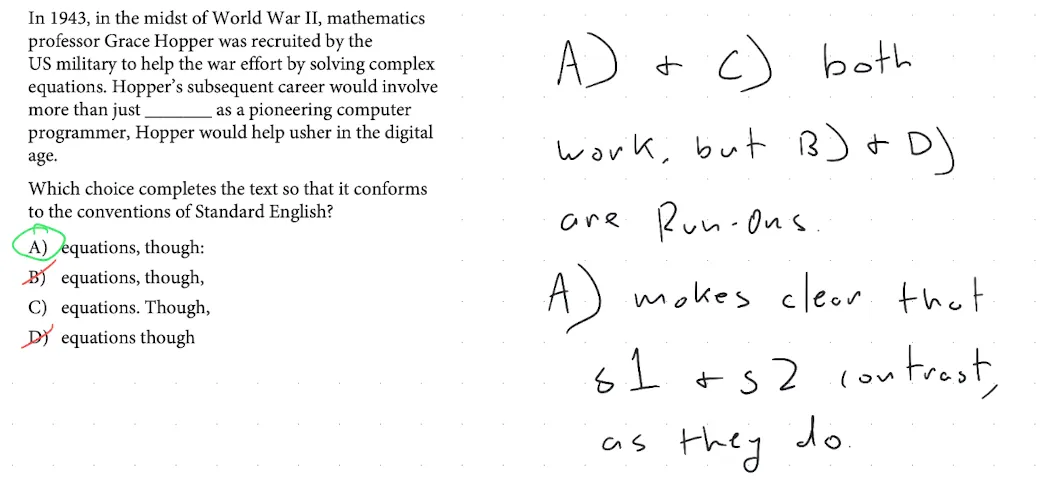 SAT-style question about a mathematician's wartime and postwar career, testing which transition correctly links two complete sentences.