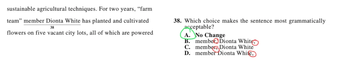 ACT-style question 38 about “farm team” member Dionta White, with answer choice A (no commas around the name) circled and the commas in B, C, and D marked wrong.
