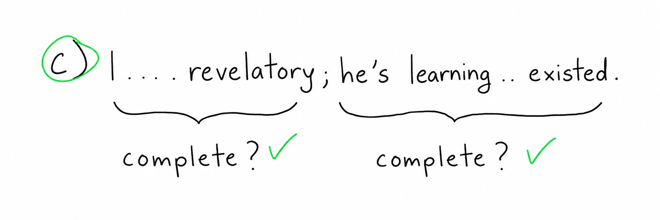 Answer choice C circled, with the clauses on both sides of the semicolon each marked complete.