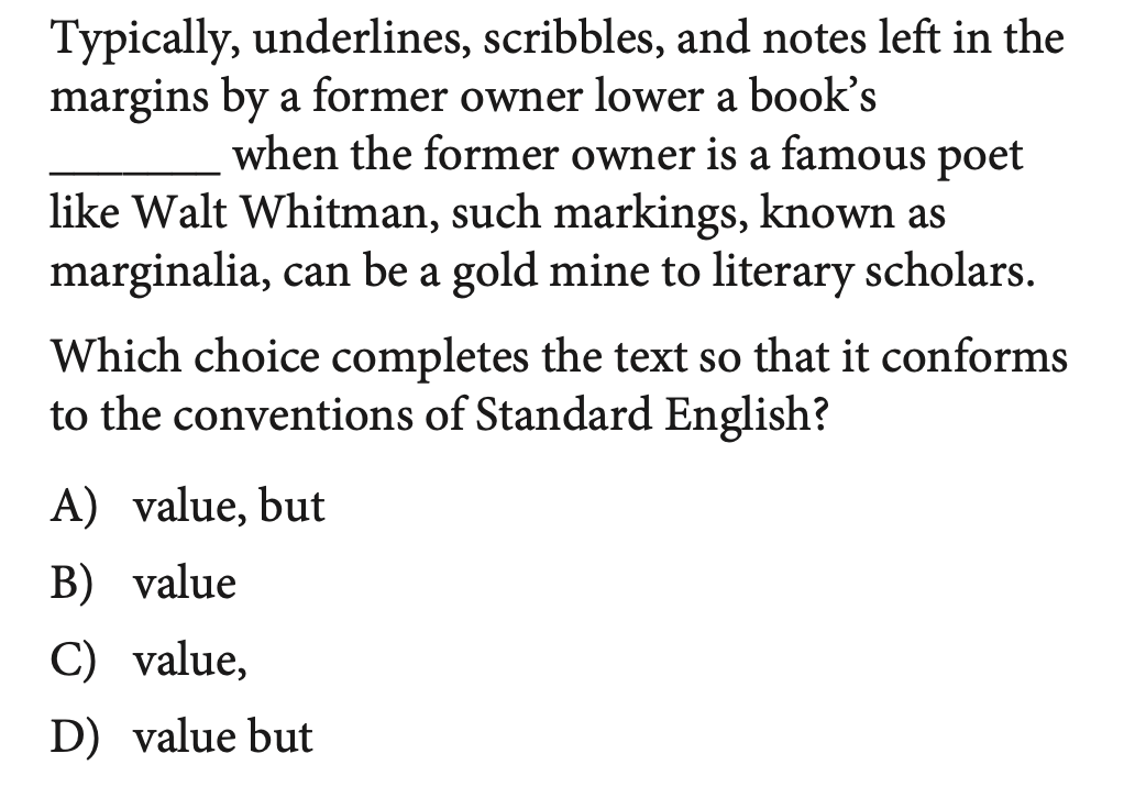 SAT-style question about marginalia in a book once owned by Walt Whitman, with comma-plus-FANBOYS answer choice A correct.