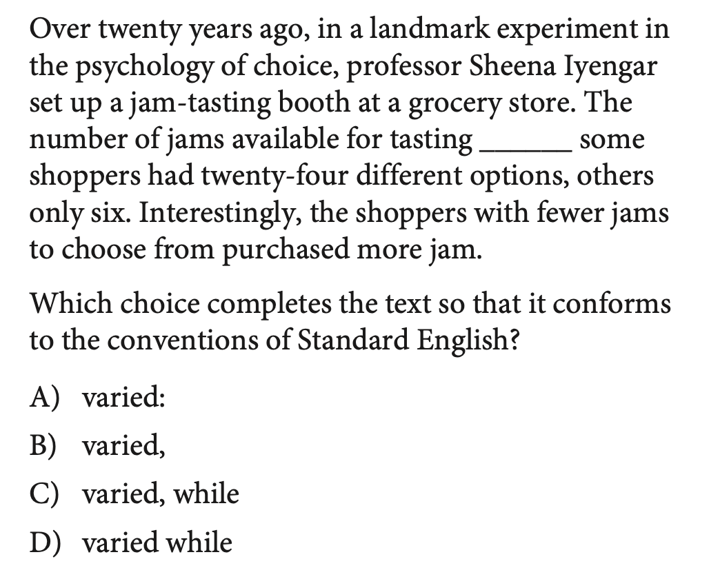 SAT-style question about a jam-tasting experiment, testing whether a colon can follow the complete clause 'The number of jams available for tasting varied.'