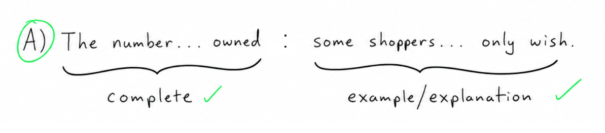 Annotation confirming the complete clause before the colon and the example/explanation relationship after it.