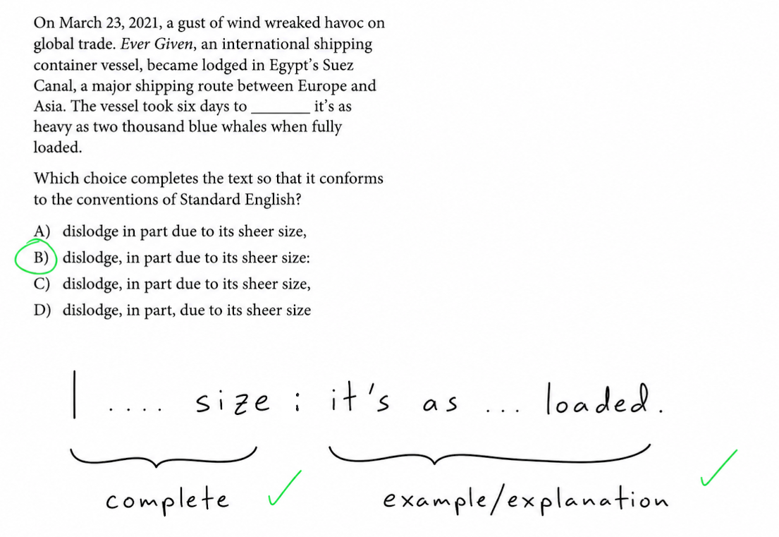 SAT-style question running the same colon test, with answer choice B correct.