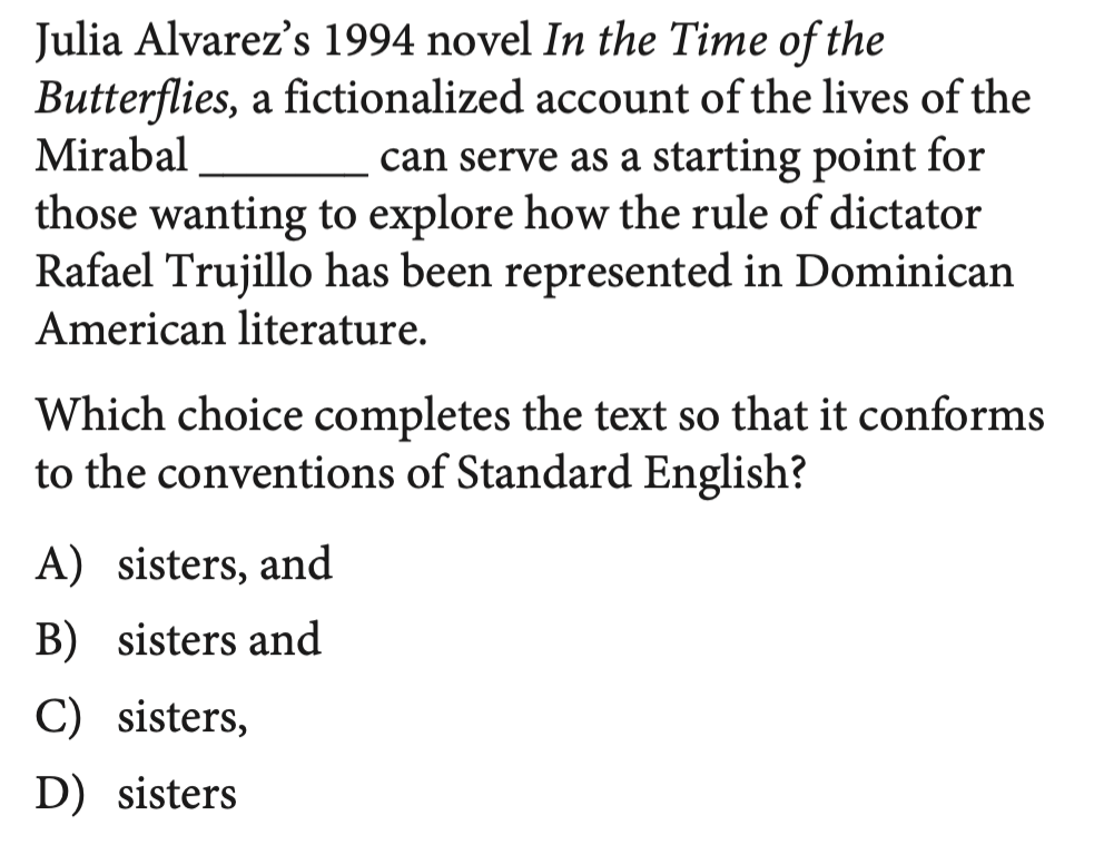 SAT-style question about Julia Alvarez's novel In the Time of the Butterflies, testing whether a phrase is a removable interjection.