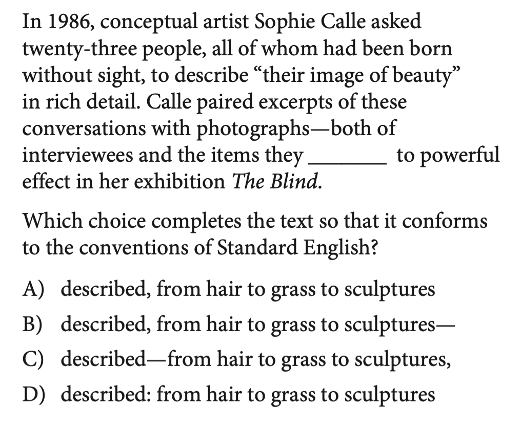 SAT-style question about Sophie Calle's photography exhibition, testing dash placement.