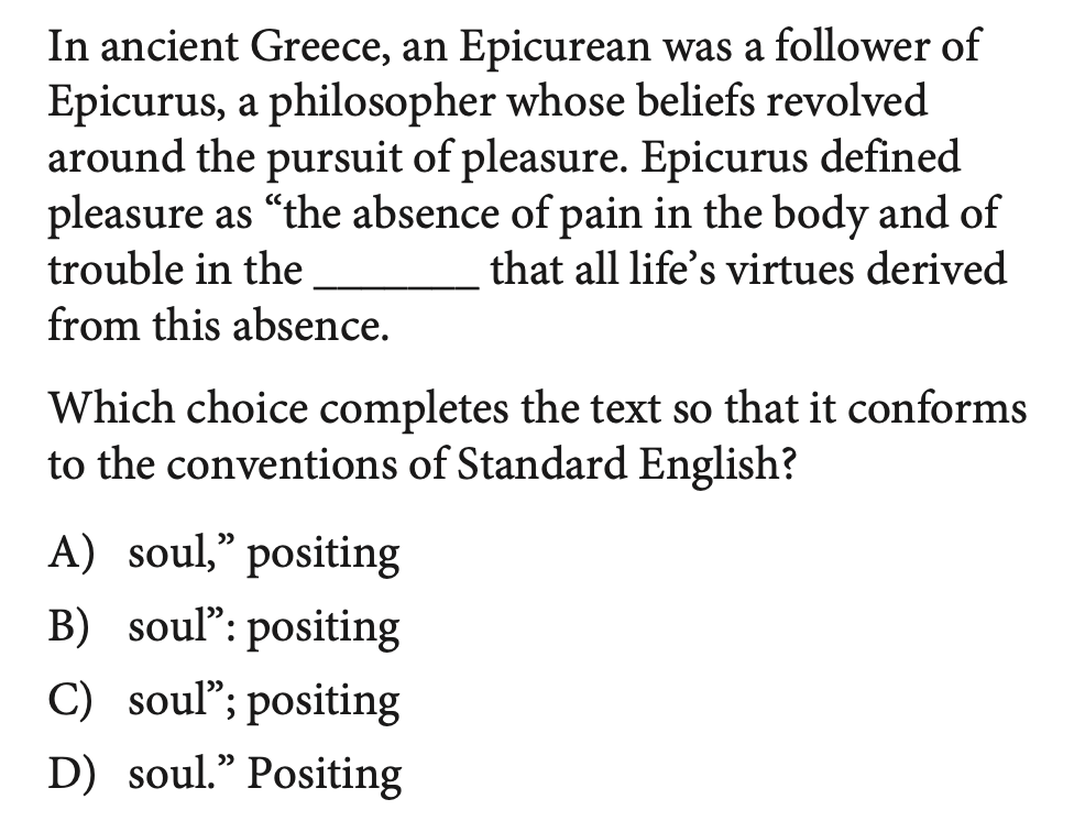 SAT-style question about Epicurus and pleasure, testing where a comma should separate an independent clause from a dependent clause.