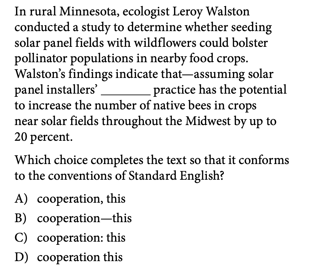 SAT-style question about solar panel installers and pollinator populations, with one dash already present in the sentence.