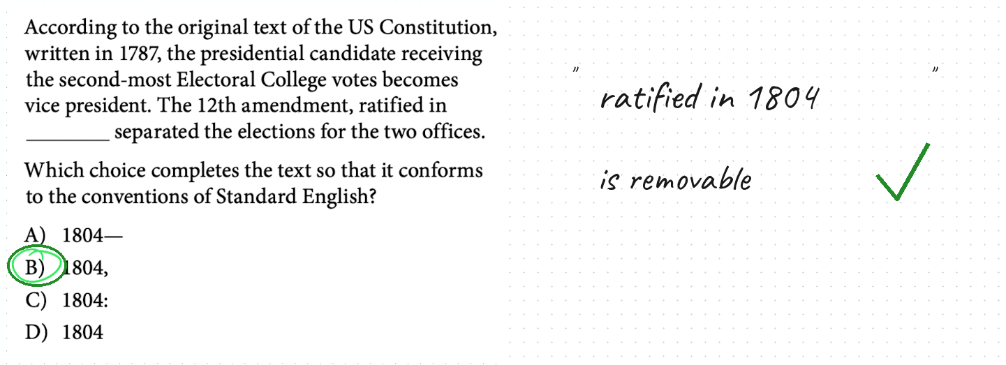 SAT-style question about the 12th Amendment and US presidential elections, testing an interjection.