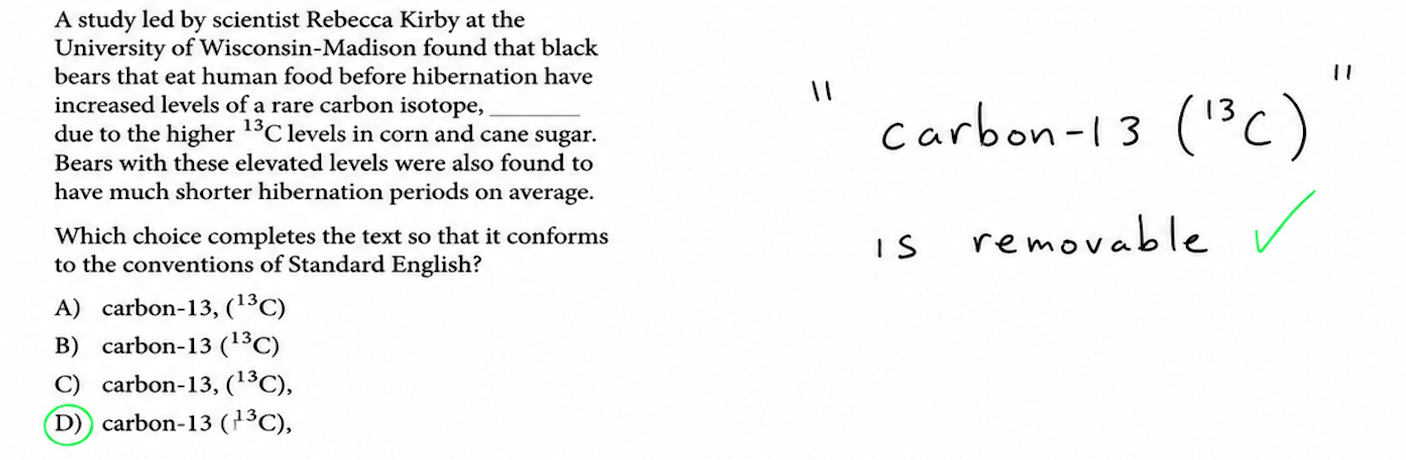 SAT-style question about carbon-13 hibernation research, testing an interjection.