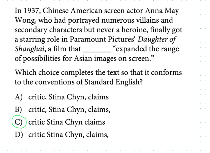 SAT-style question about screen actor Anna May Wong, testing whether commas belong around the title-plus-name construction.