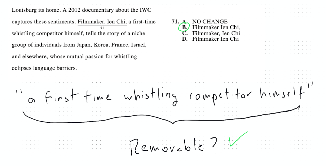 ACT-style question showing an interjection right after the name 'Ien Chi,' requiring a comma after the name but not before it.