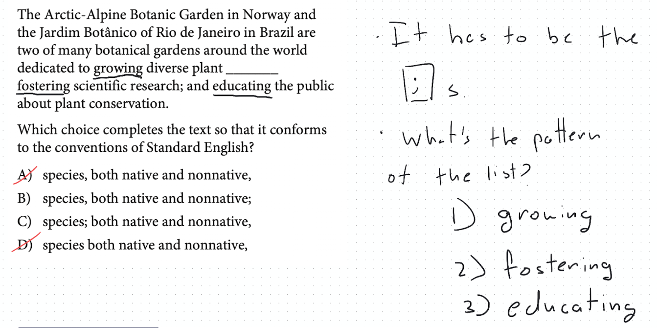 SAT-style question where two answer choices would both produce two semicolons, requiring the existing list pattern to be followed.