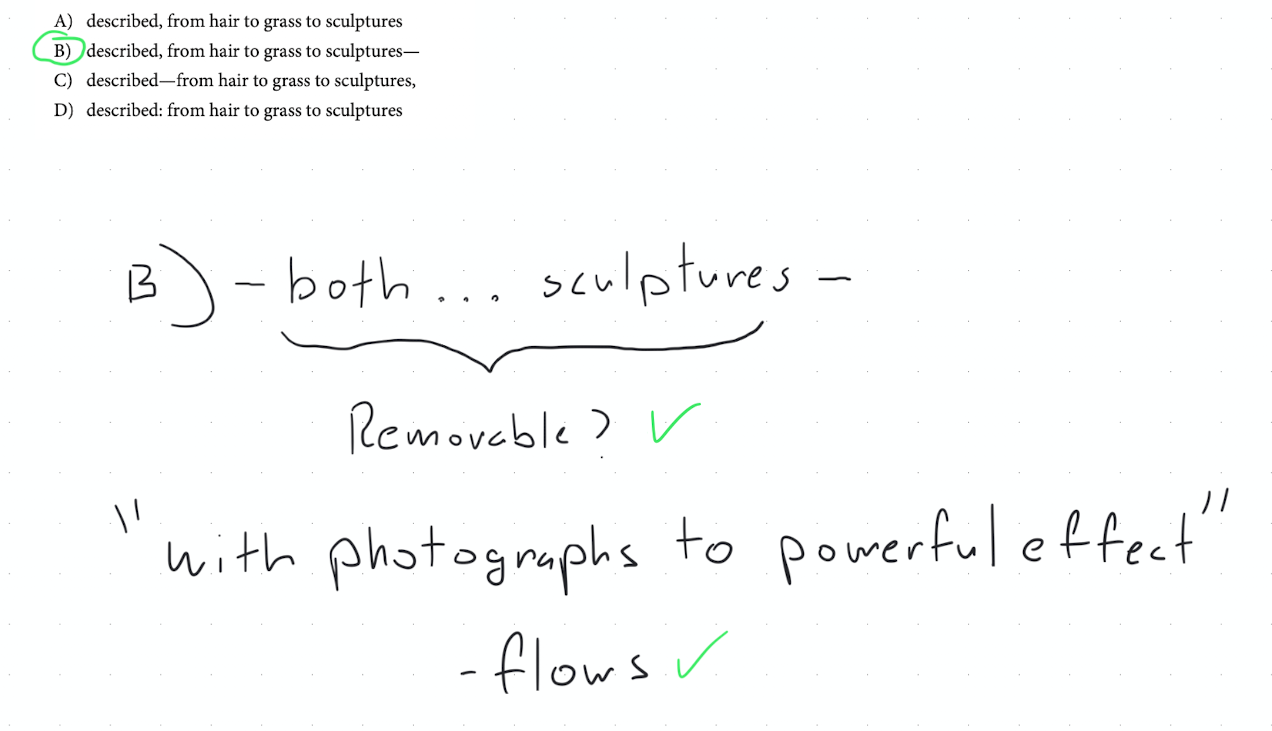 Confirmation that the phrase flows once removed, making the two-dash answer correct.