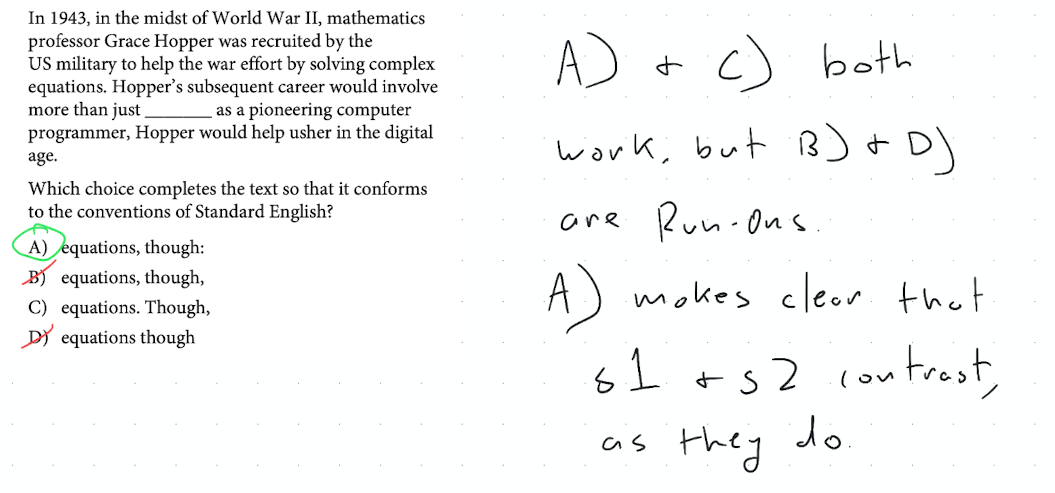 SAT-style question about a mathematician's wartime and postwar career, testing which transition correctly links two complete sentences.